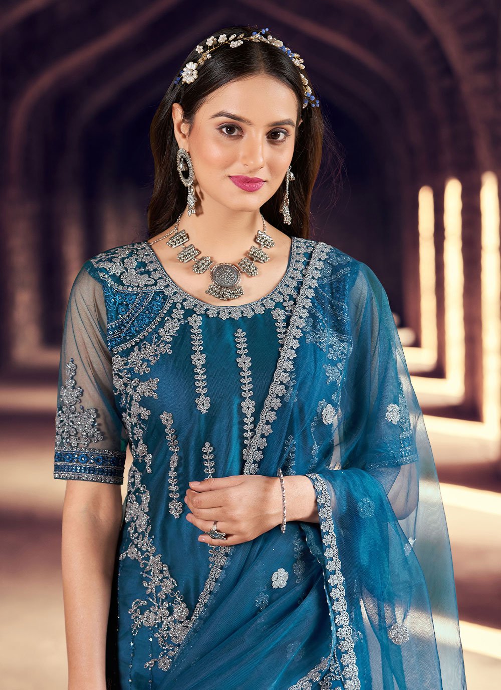 Salwar Suit Net Blue Embroidered Salwar Kameez