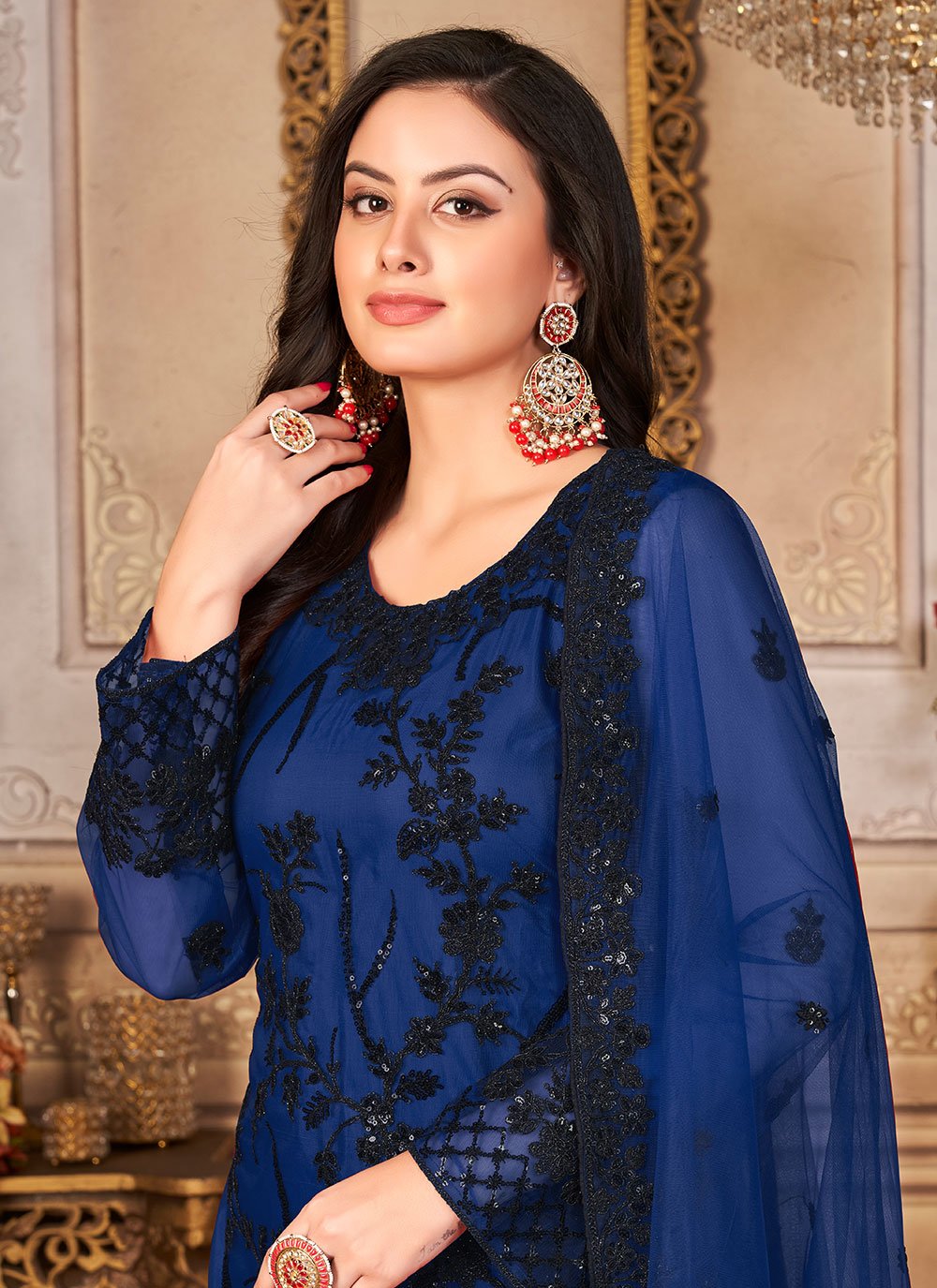 Palazzo Salwar Suit Net Blue Embroidered Salwar Kameez