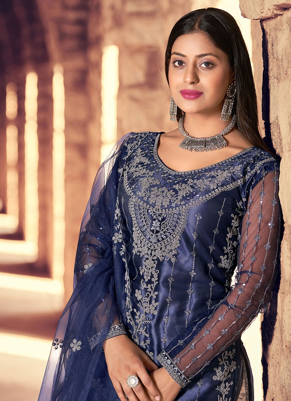 Straight Salwar Suit Net Blue Embroidered Salwar Kameez