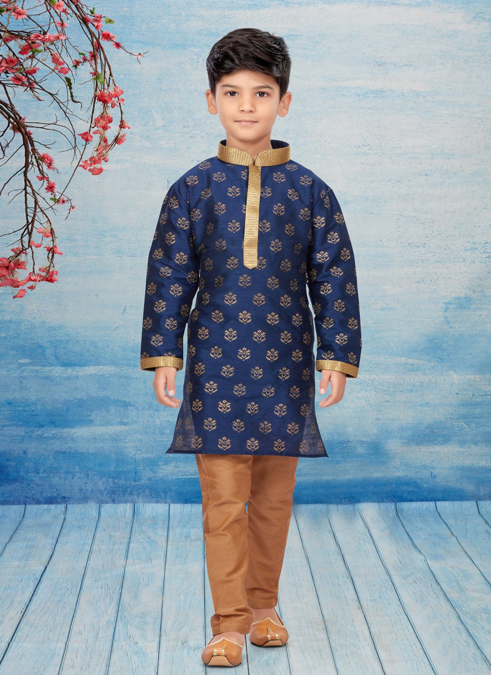 Kurta Pyjama Dupion Silk Blue Print Kids