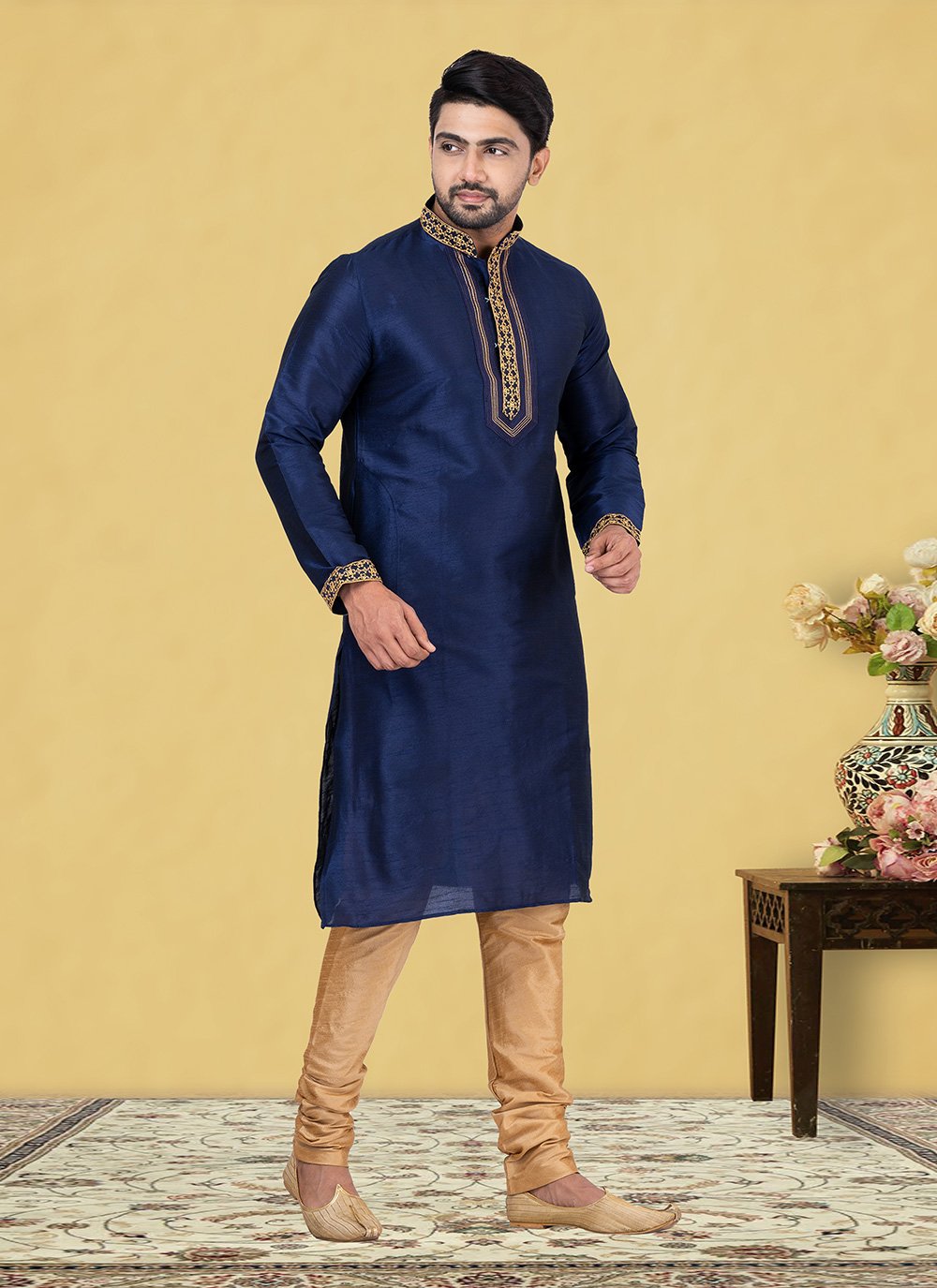 Kurta Pyjama Dupion Silk Blue Fancy Work Mens