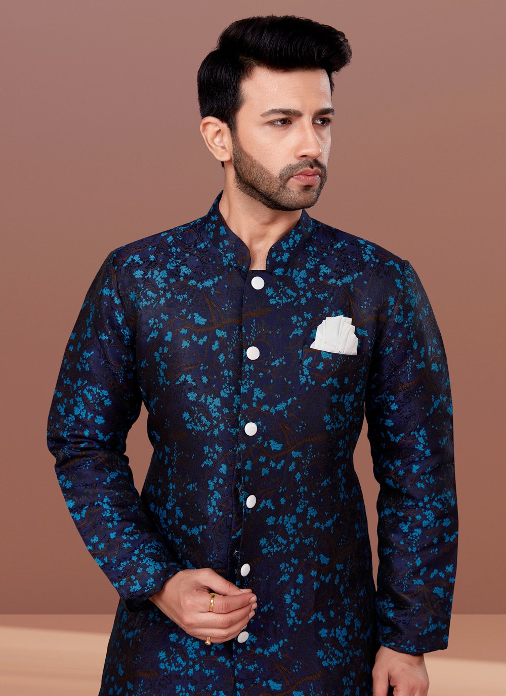 Indo Western Jacquard Blue Fancy Work Mens