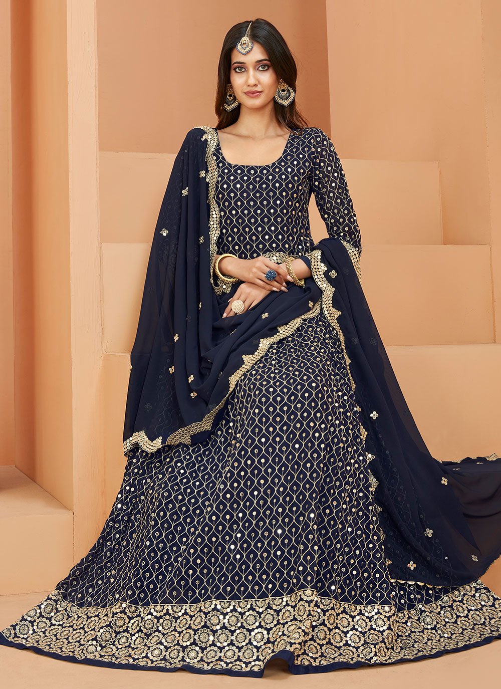 Trendy Suit Faux Georgette Blue Embroidered Salwar Kameez