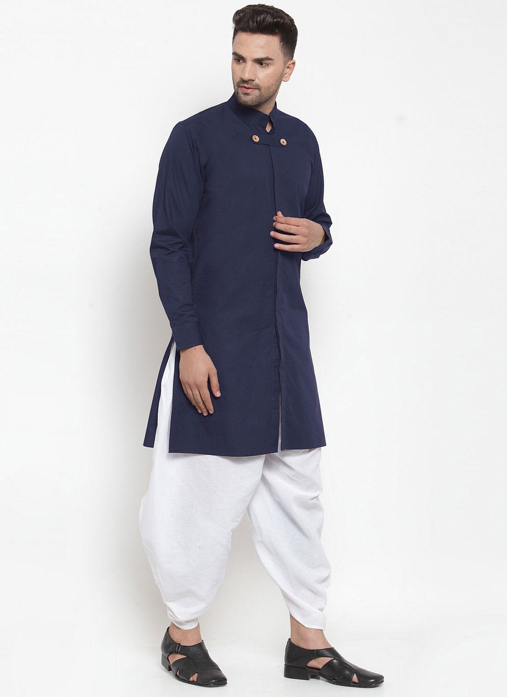 Dhoti Kurta Blended Cotton Blue Plain Mens