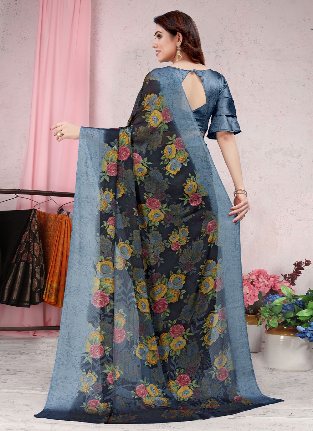 Classic Chiffon Blue Floral Patch Saree