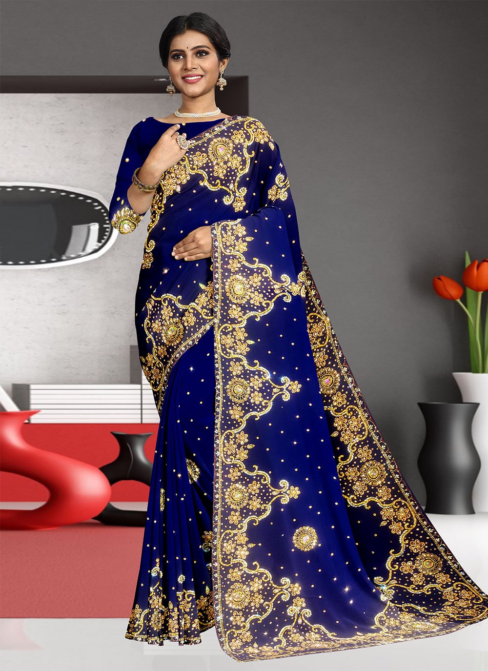 Contemporary Georgette Blue Hand Work Saree