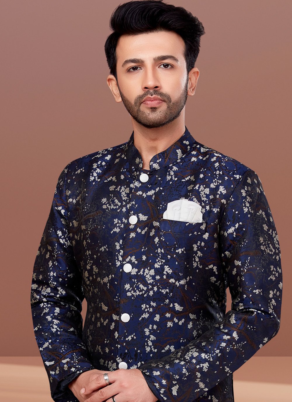 Indo Western Jacquard Blue Fancy Work Mens