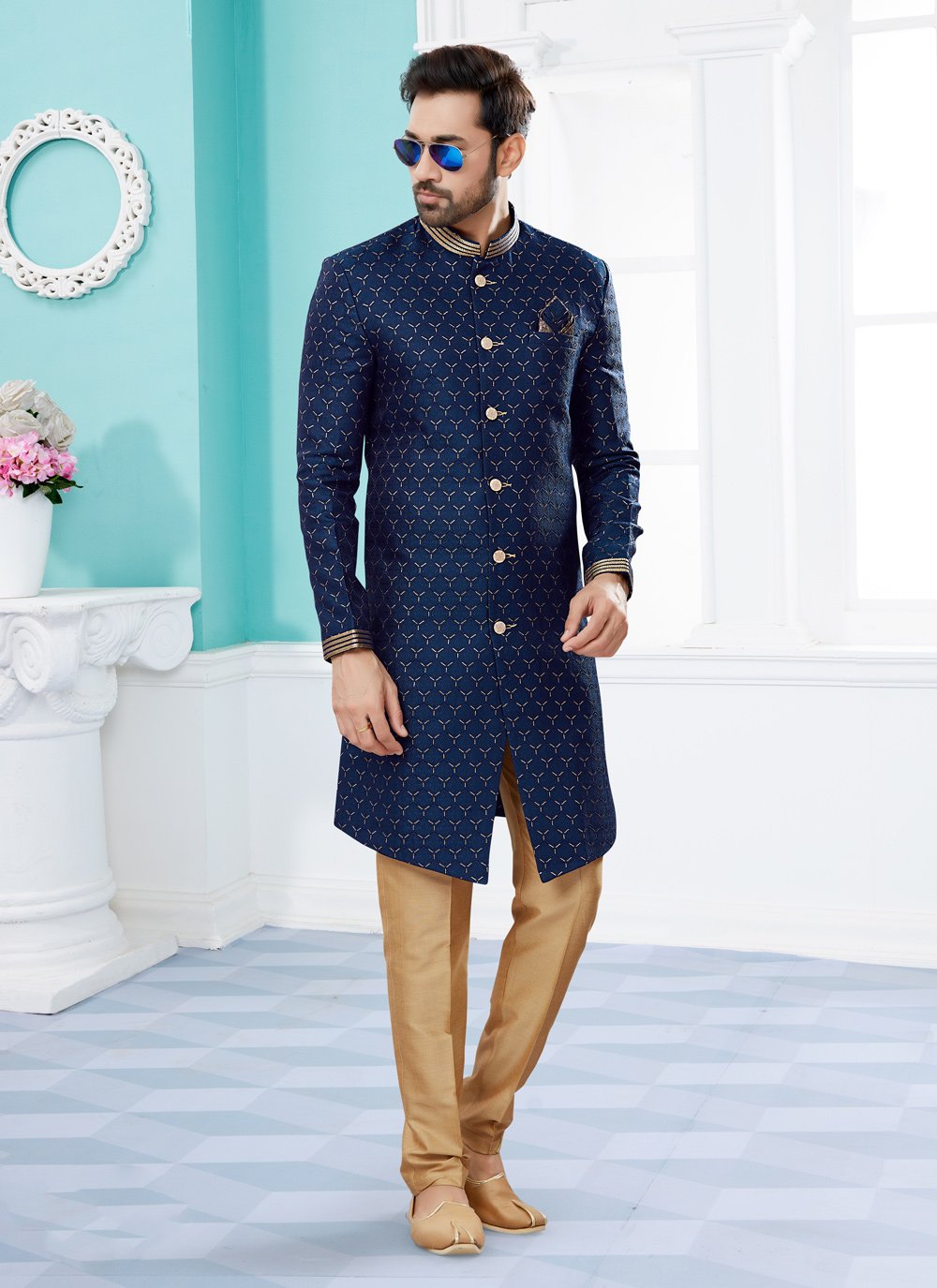 Indo Western Sherwani Jacquard Blue Digital Print Mens Kajols Indian Pakistani Fashion Tailoring