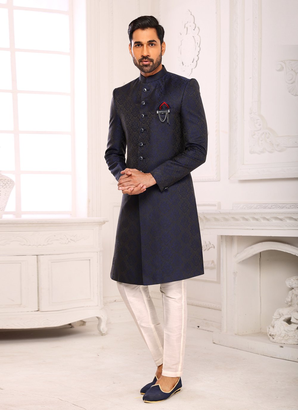 Indo Western Sherwani Imported Blue Jacquard Work Mens