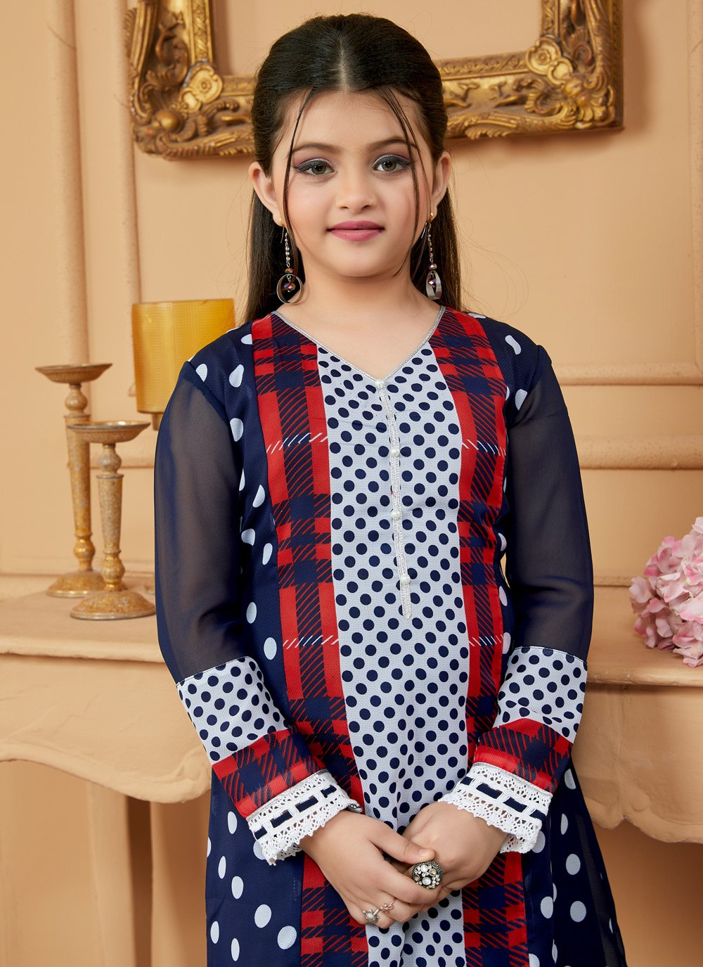 Pant Style Suit Faux Georgette Blue Lace Kids