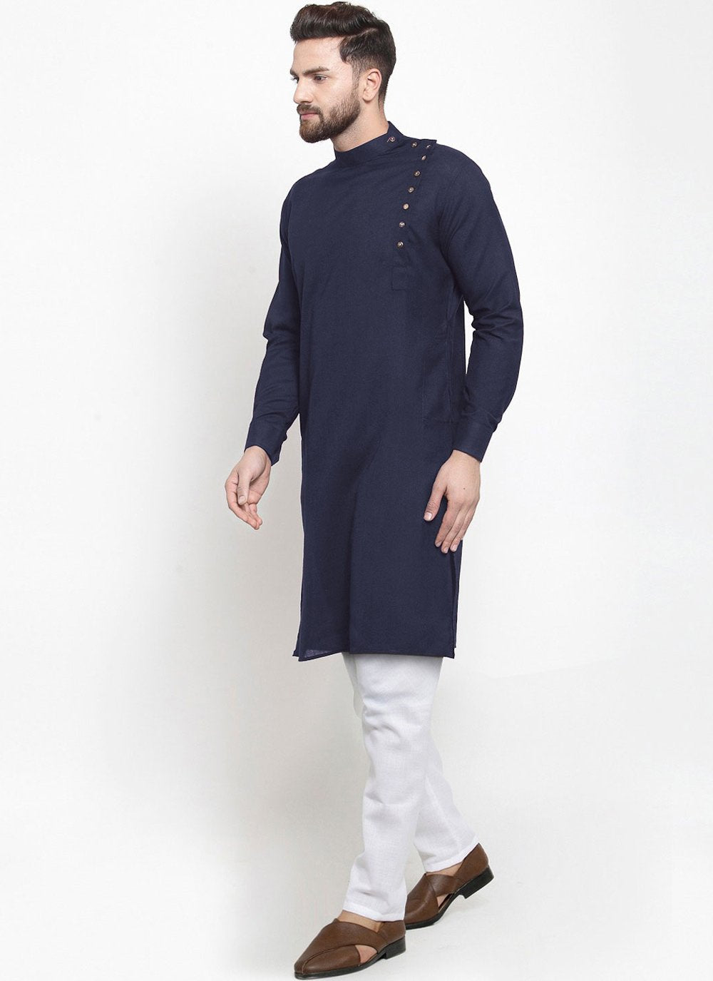 Kurta Pyjama Blended Cotton Blue Plain Mens