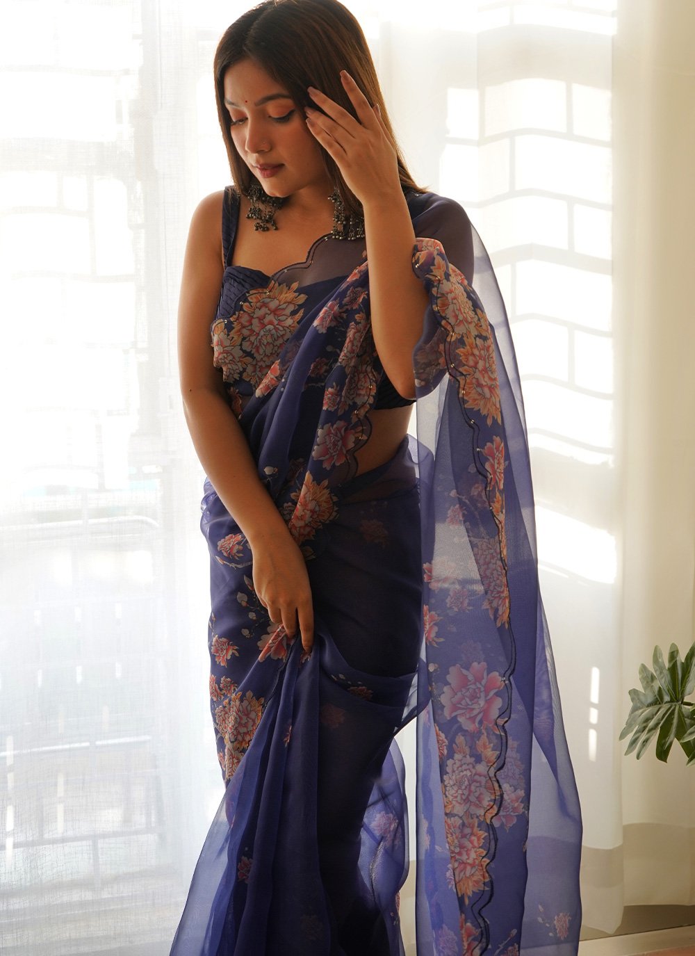 Trendy Saree Organza Blue Digital Print Saree