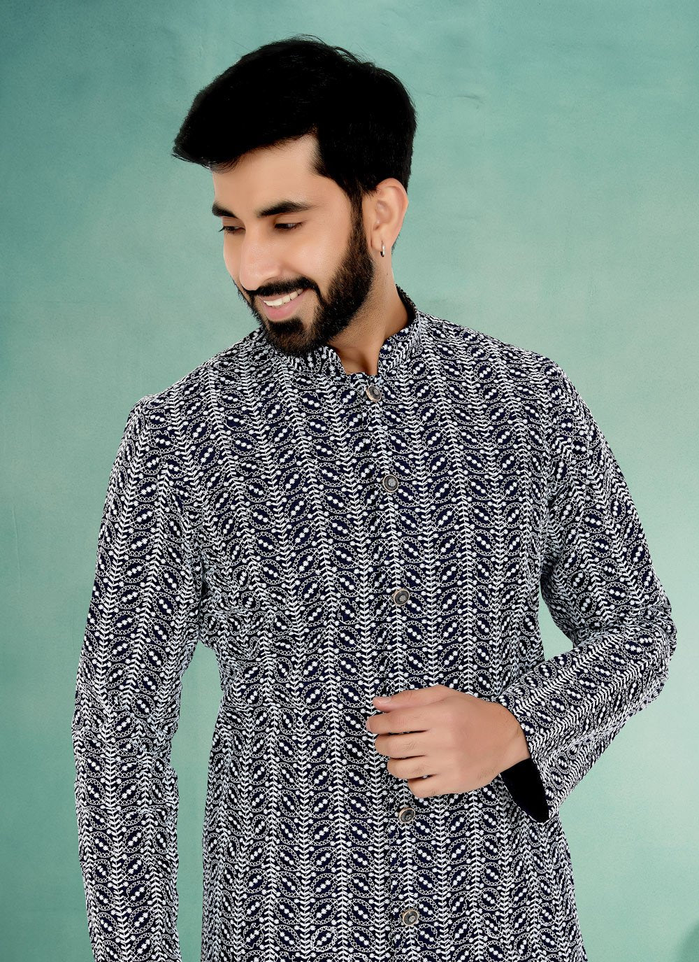 Kurta Pyjama Cotton Silk Blue Embroidered Mens