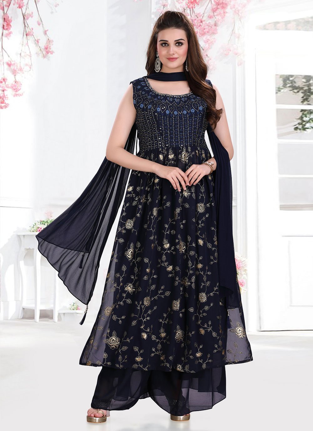 Palazzo Salwar Suit Georgette Blue Embroidered Salwar Kameez