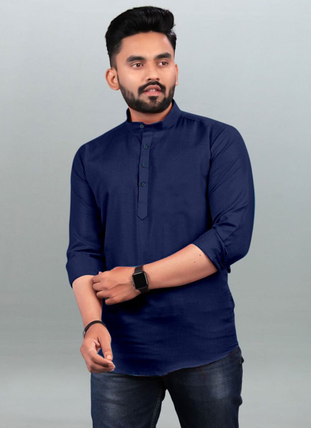 Short Kurta Cotton Blue Plain Mens