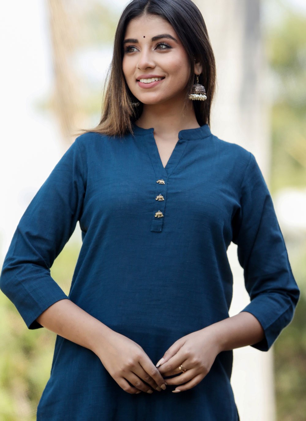 Party Wear Kurti Cotton Blue Plain Kurtis