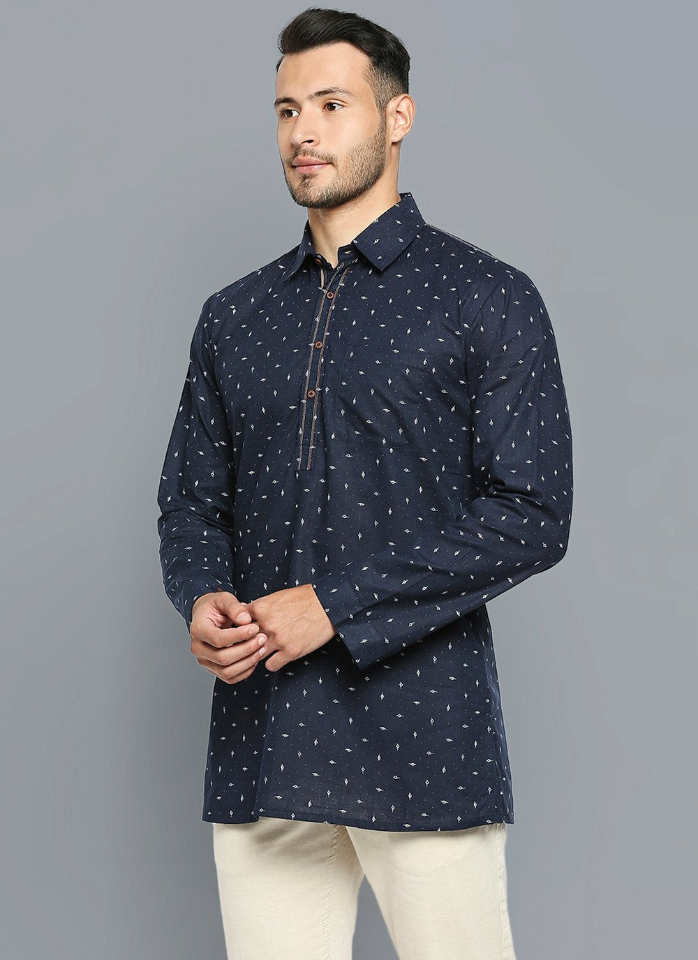 Short Kurta Blended Cotton Blue Print Mens