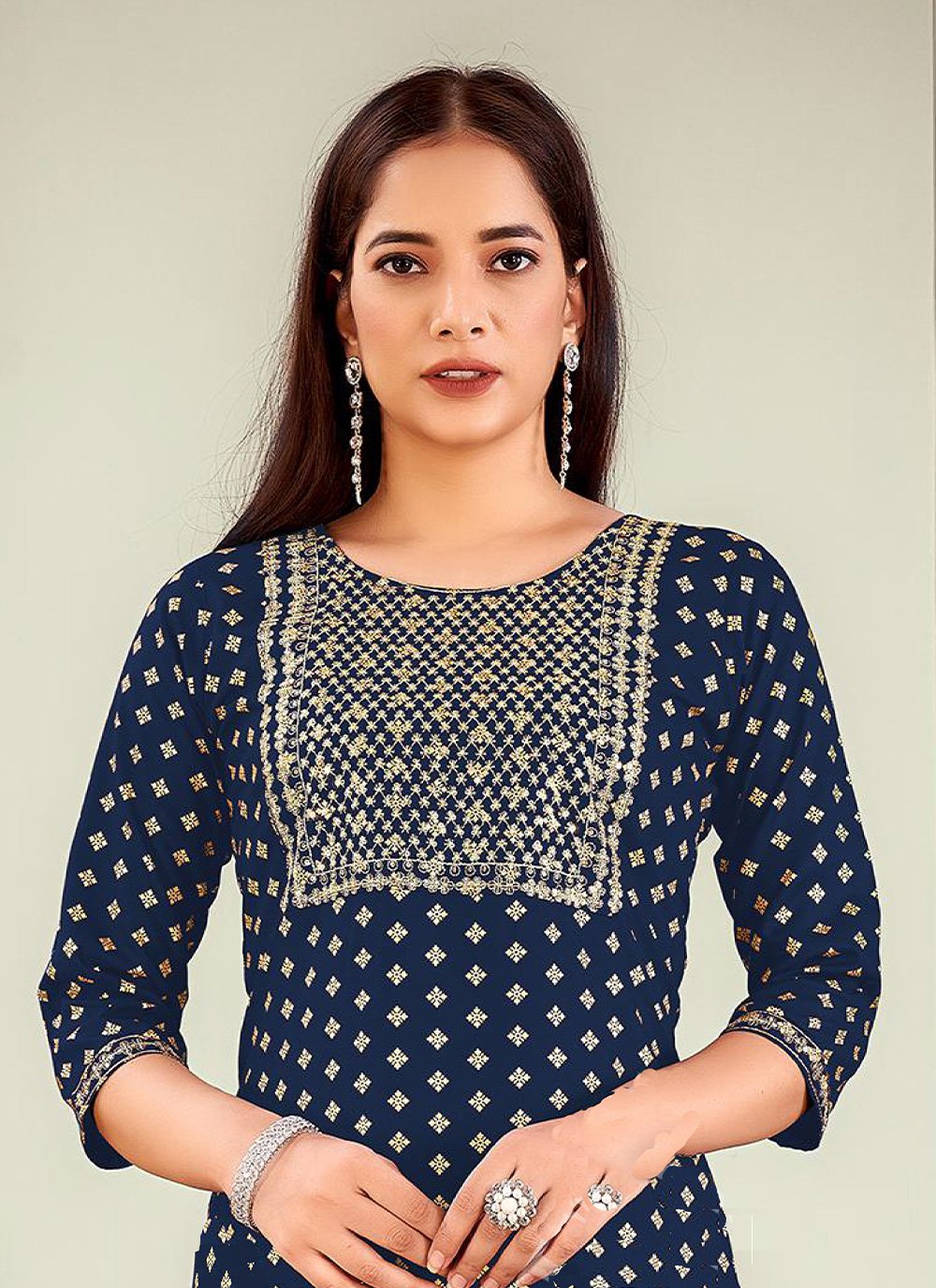 Designer Kurti Rayon Blue Embroidered Kurtis