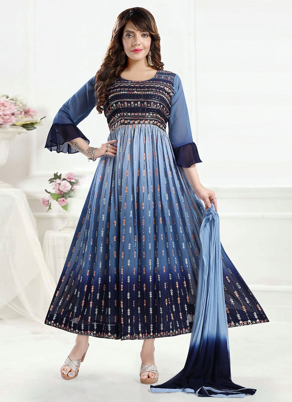Gown Faux Georgette Blue Embroidered Gown
