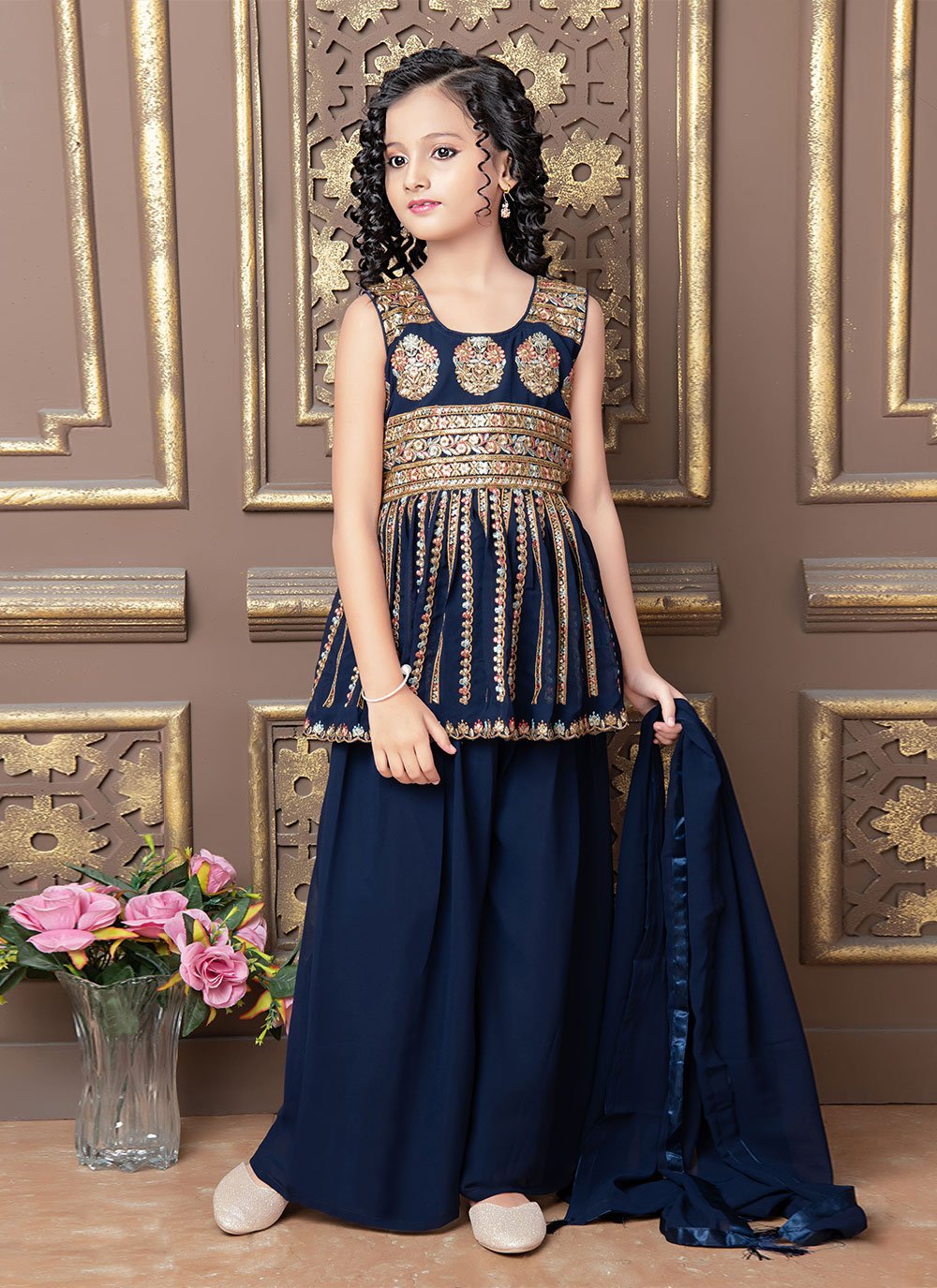 Salwar Suit Faux Georgette Blue Embroidered Kids