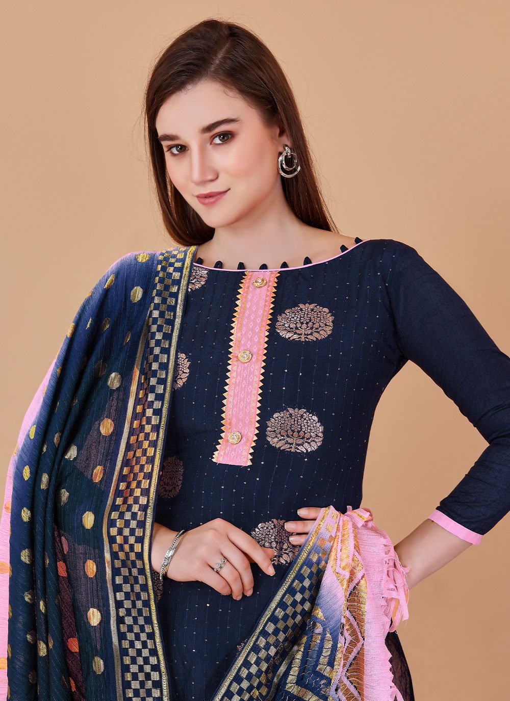 Salwar Suit Banarasi Silk Blue Booti Salwar Kameez