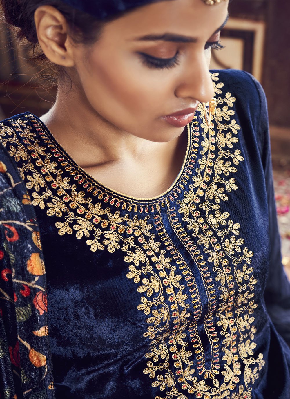 Salwar Suit Velvet Blue Embroidered Salwar Kameez
