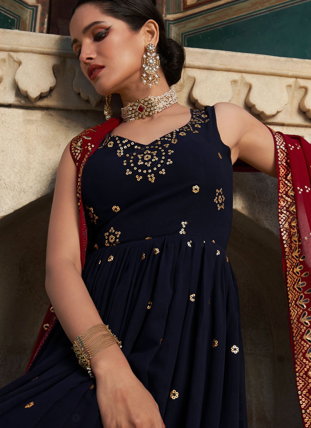 Gown Georgette Blue Embroidered Gown