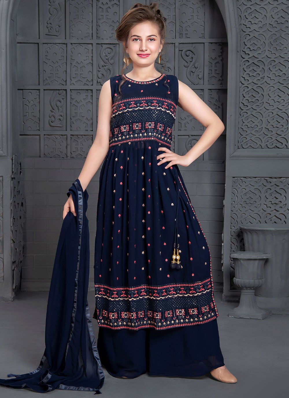 Salwar Suit Georgette Blue Embroidered Kids