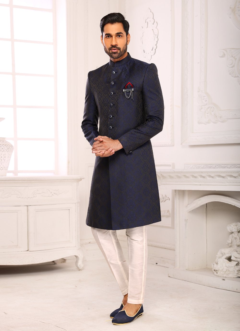 Indo Western Imported Jacquard Blue Embroidered Mens