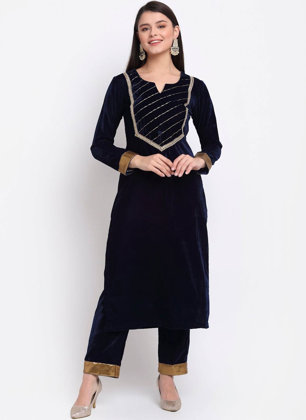 Casual Kurti Velvet Blue Embroidered Kurtis