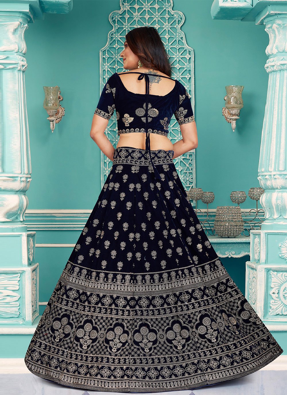 A Line Lehenga Velvet Blue Embroidered Lehenga Choli