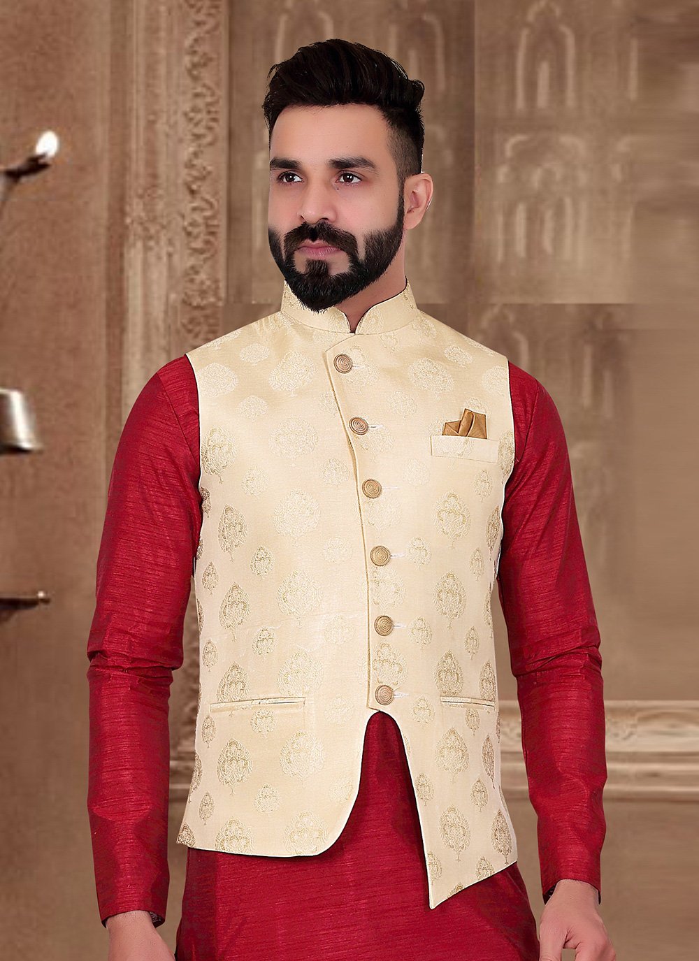 Nehru Jackets Banarasi Jacquard Cream Embroidered Mens