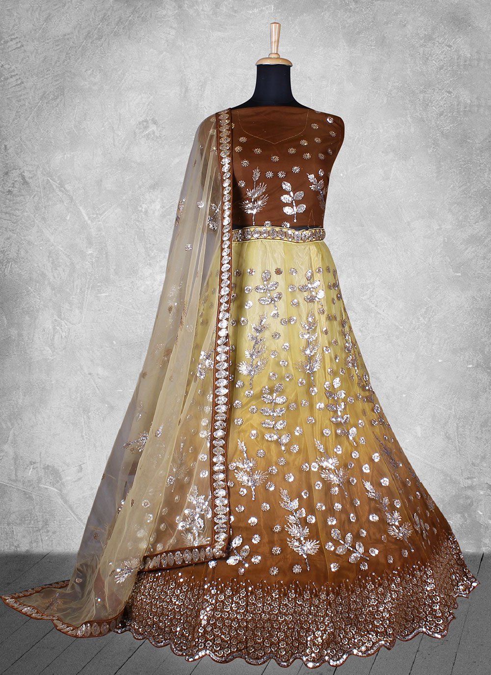 A Line Lehenga Net Brown Cord Work Lehenga Choli