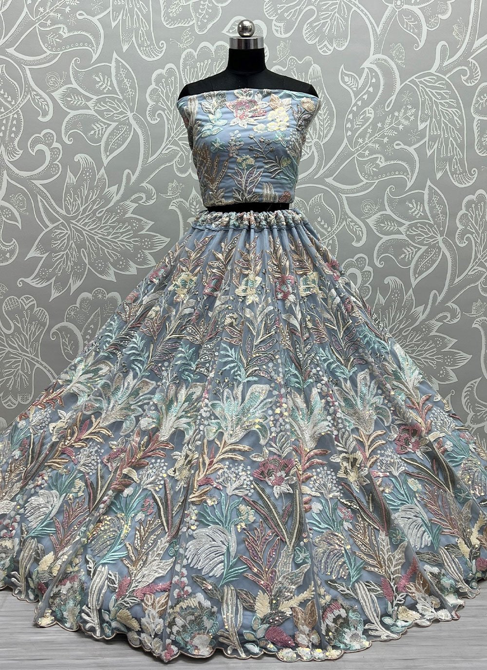 A Line Lehenga Net Aqua Blue Embroidered Lehenga Choli