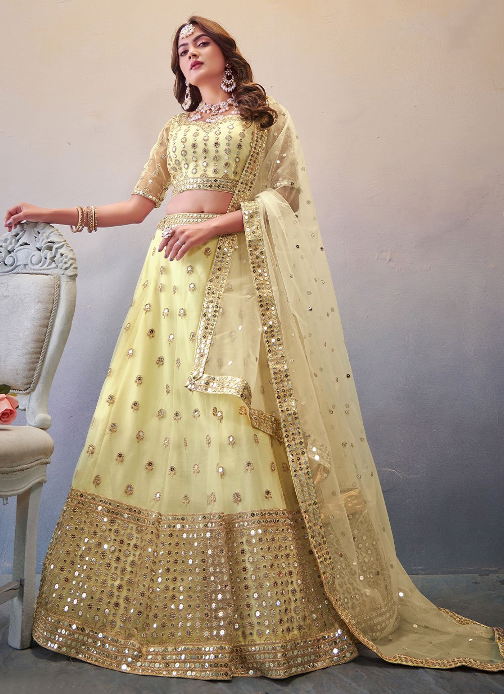 A Line Lehenga Net Cream Embroidered Lehenga Choli