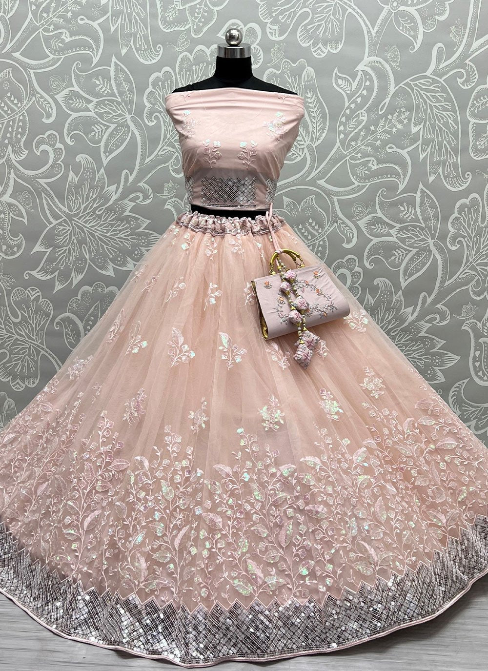 A Line Lehenga Net Peach Embroidered Lehenga Choli