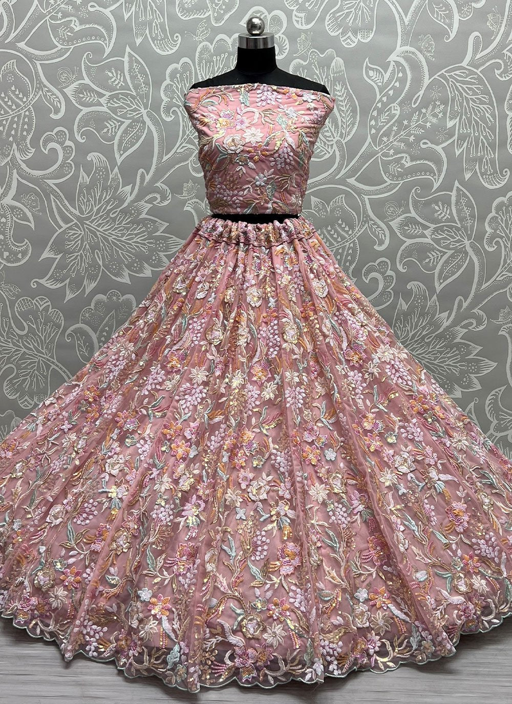 A Line Lehenga Net Pink Embroidered Lehenga Choli