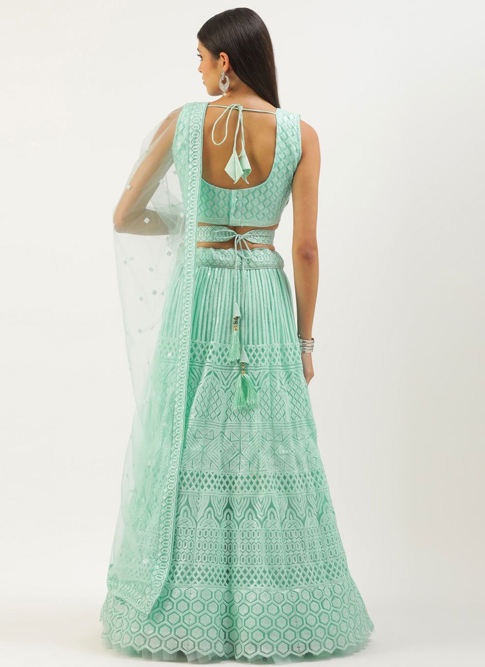 A Line Lehenga Net Turquoise Embroidered Lehenga Choli