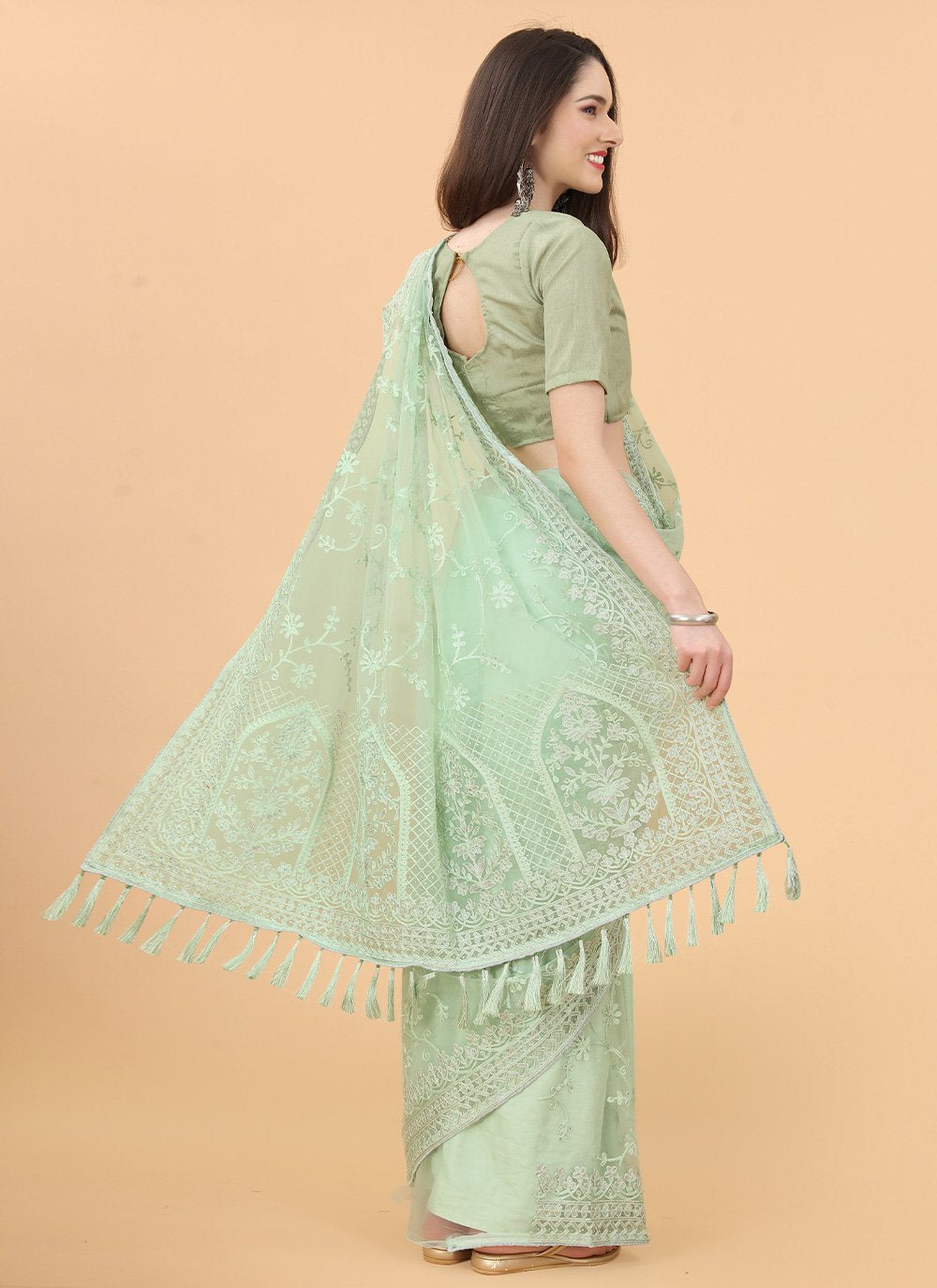 Designer Net Sea Green Aari Work Saree