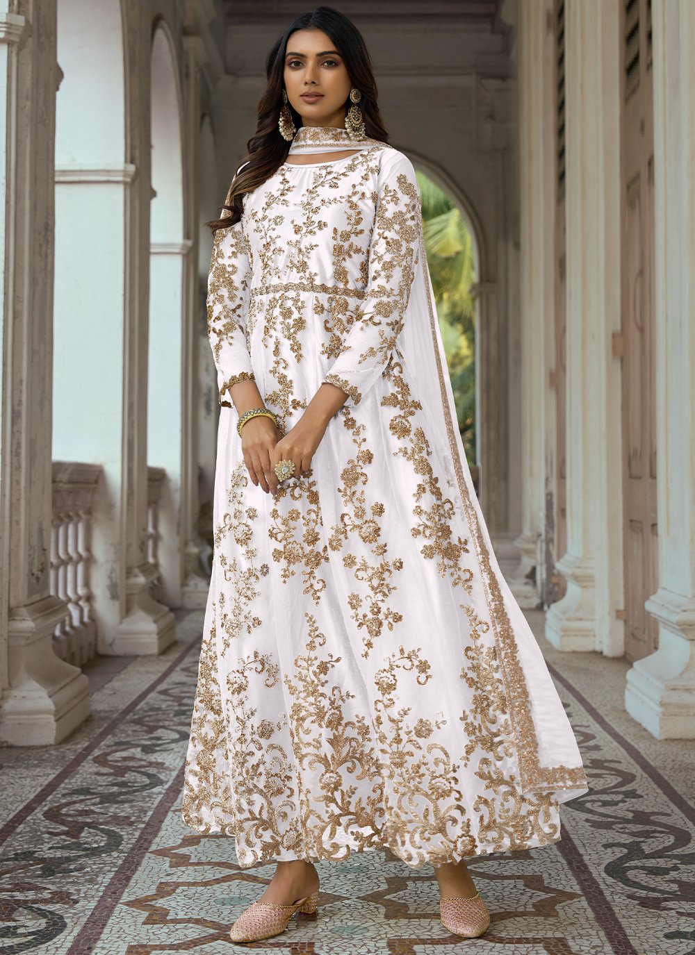 Anarkali Suit Net White Embroidered Salwar Kameez