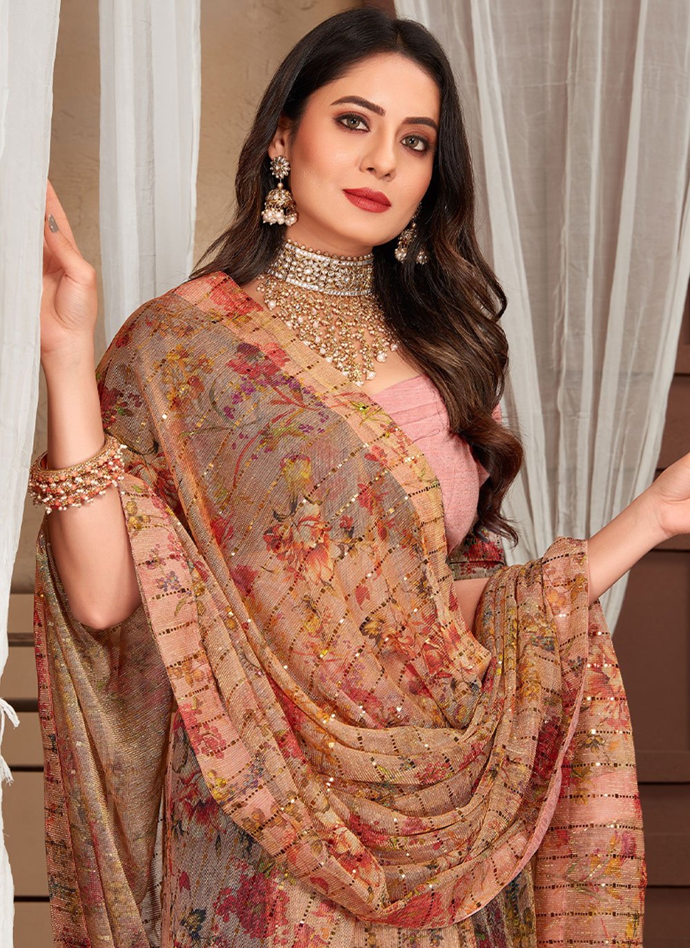 Trendy Saree Net Beige Digital Print Saree