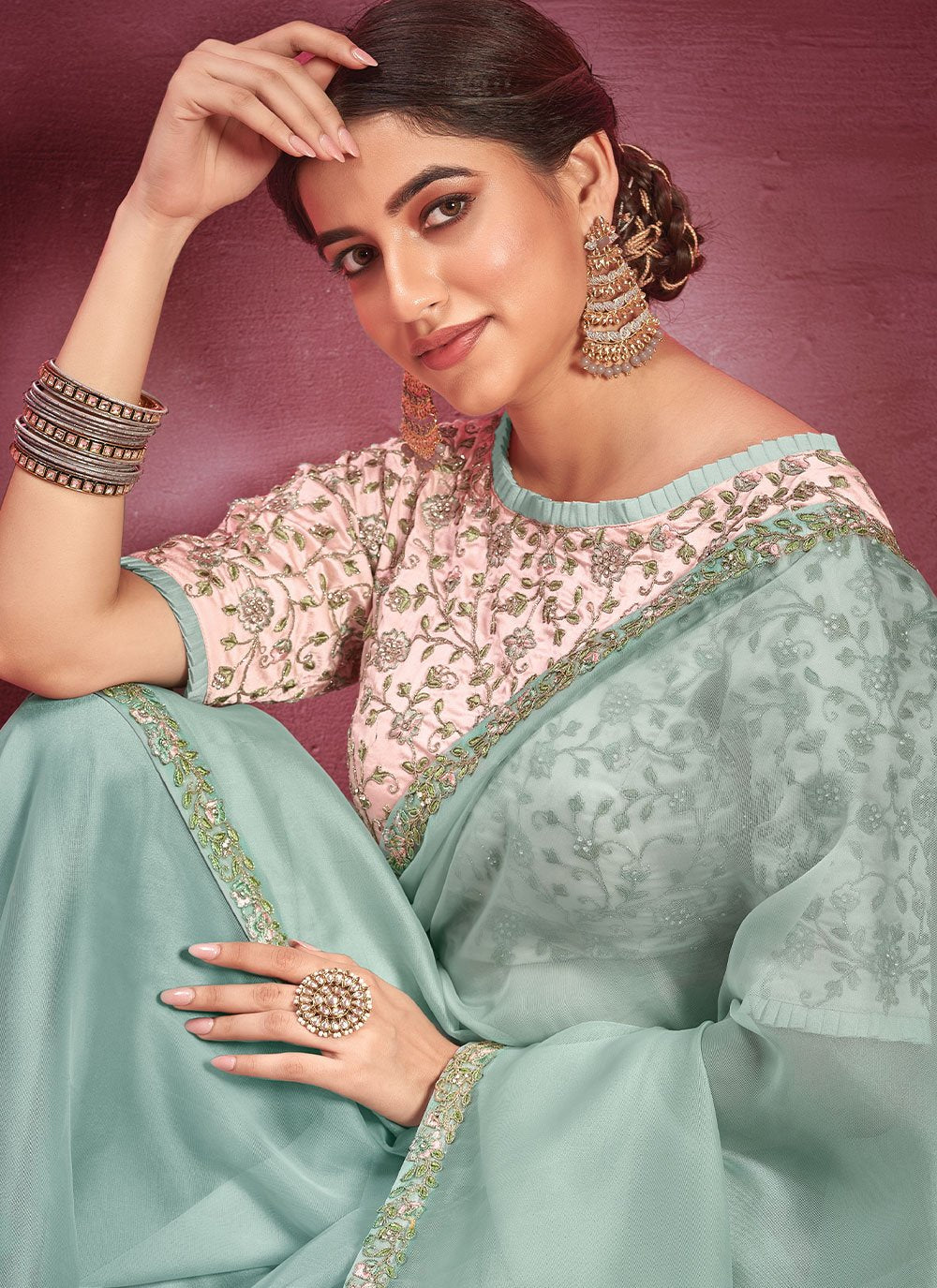 Trendy Saree Net Organza Green Lace Saree