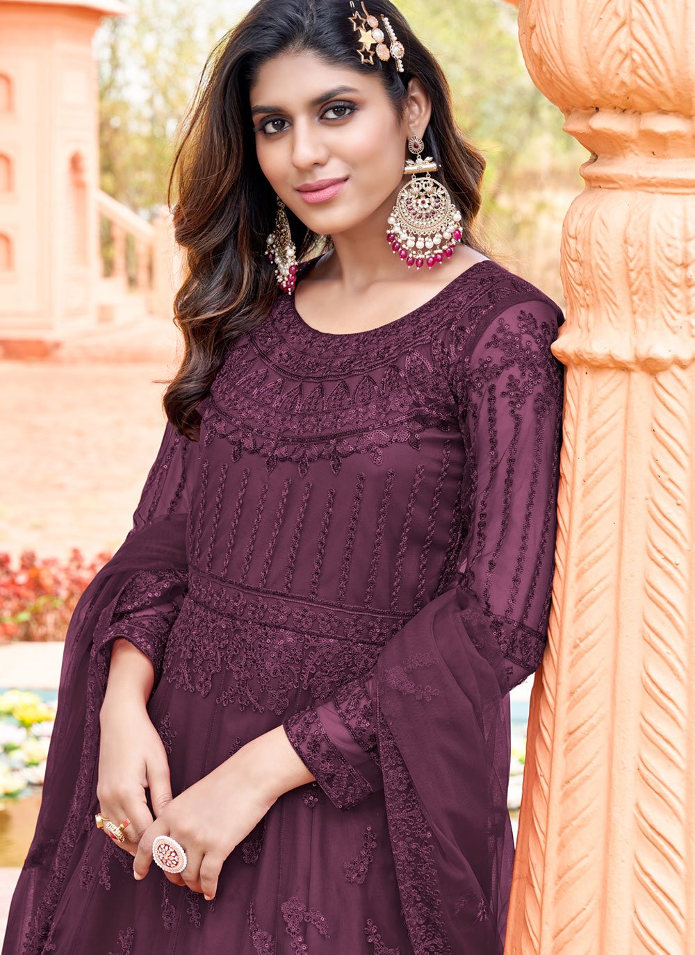 Anarkali Suit Net Burgundy Embroidered Salwar Kameez