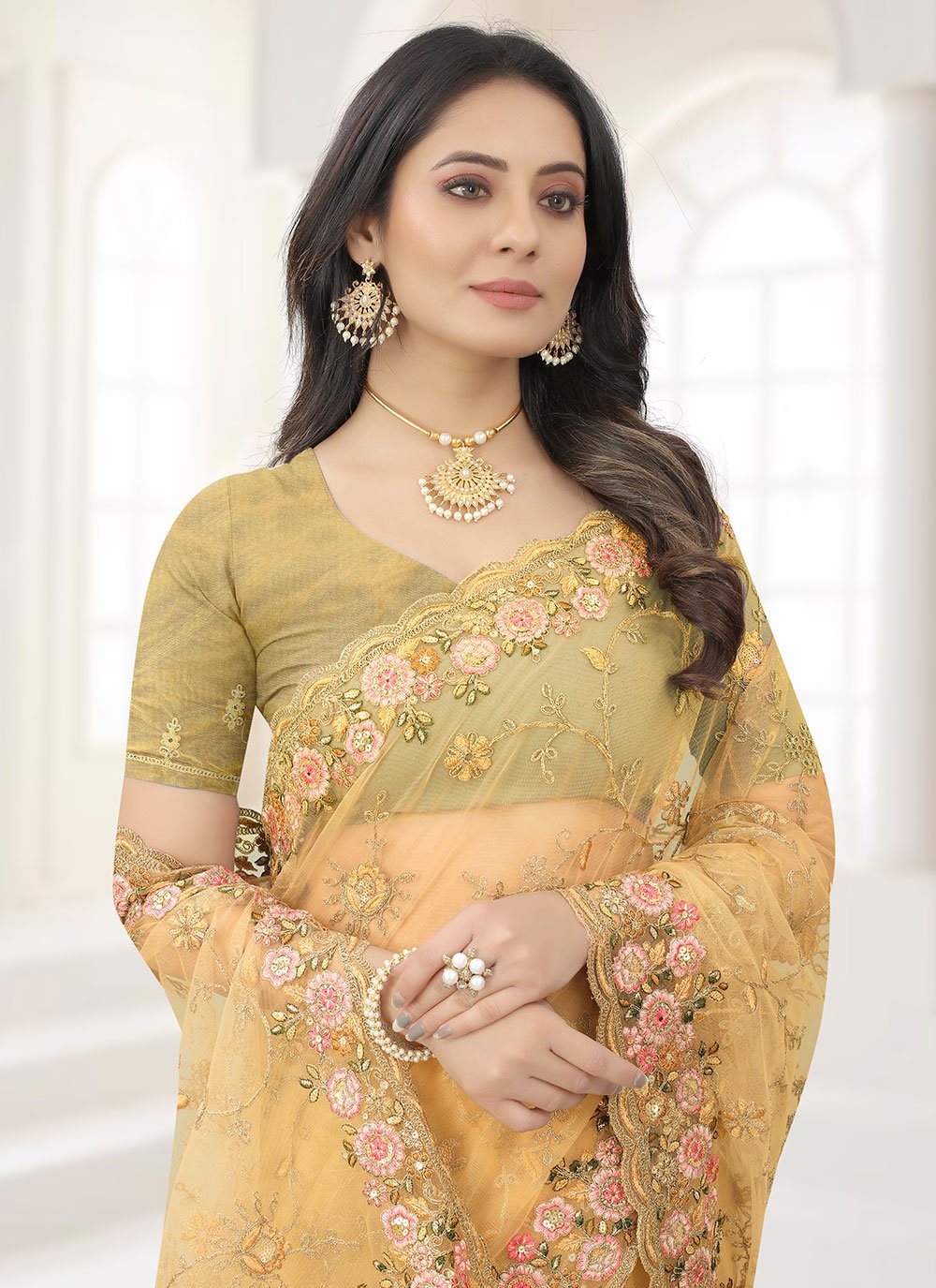 Classic Net Mustard Embroidered Saree