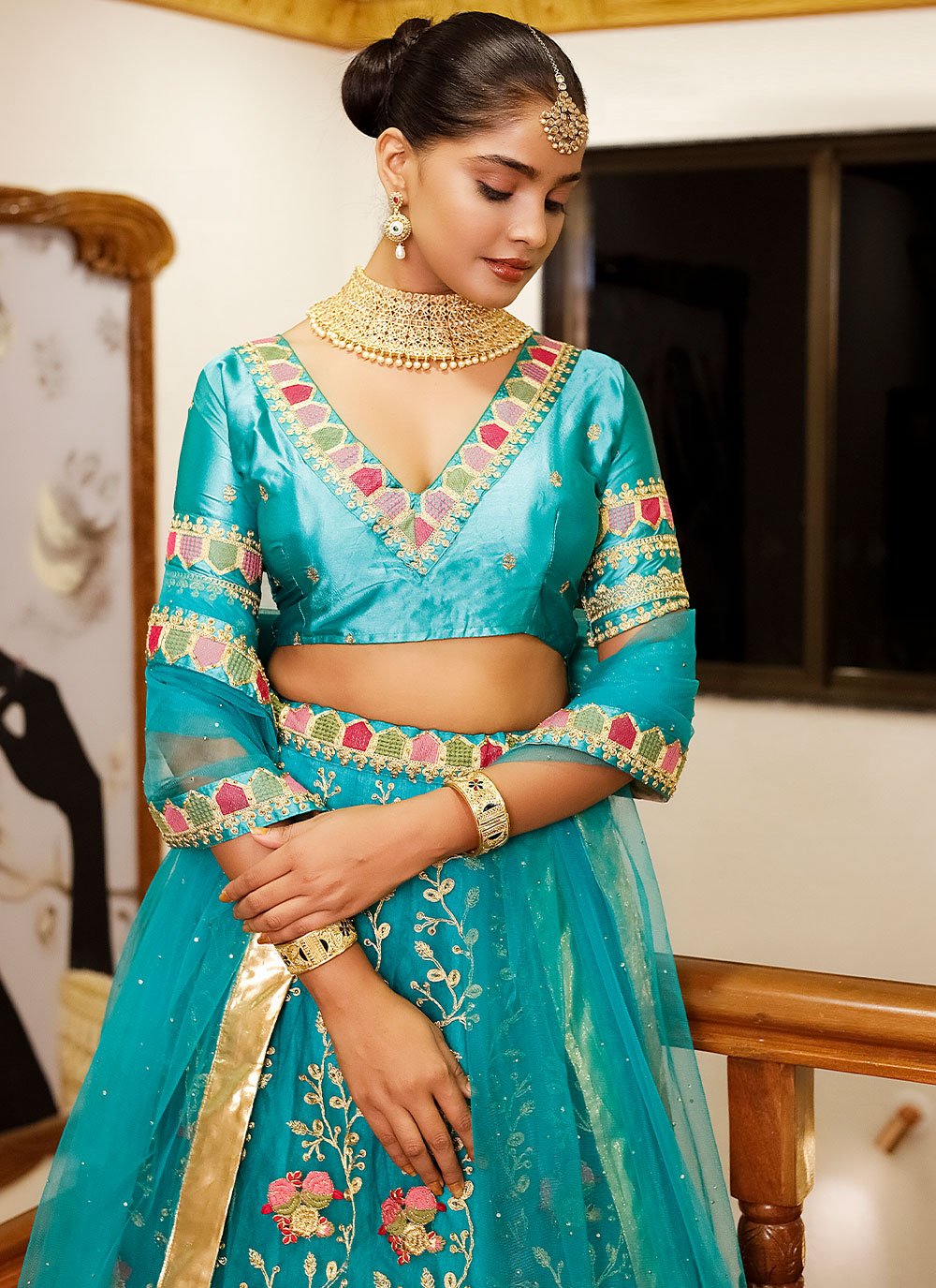 Lehenga Choli Net Turquoise Diamond Lehenga Choli