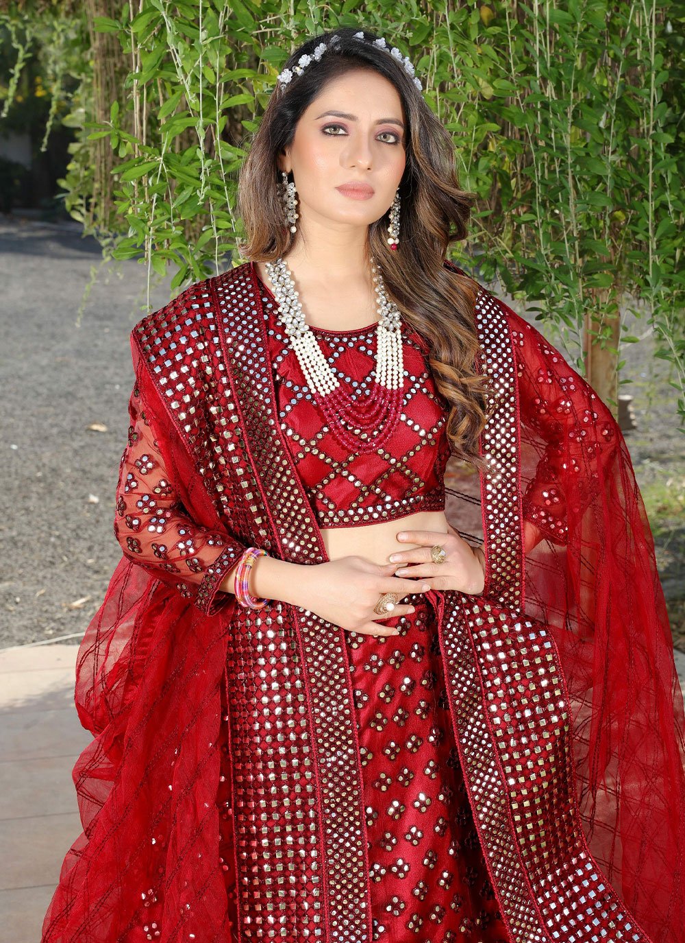 A Line Lehenga Net Red Embroidered Lehenga Choli