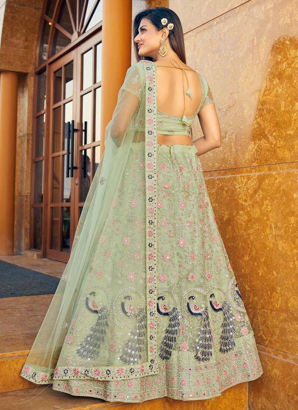 A Line Lehenga Net Sea Green Diamond Lehenga Choli