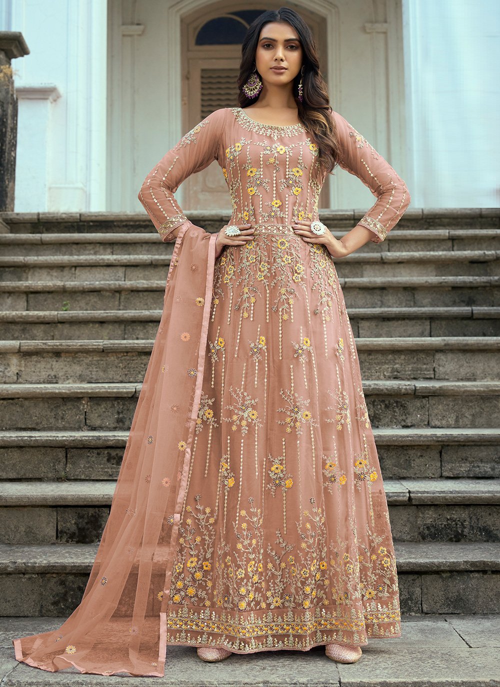 Anarkali Suit Net Peach Embroidered Salwar Kameez