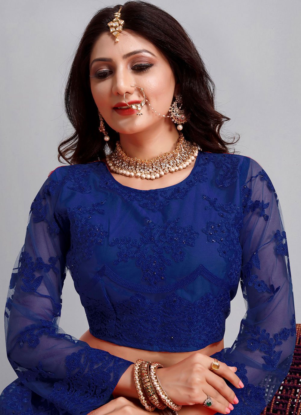A Line Lehenga Net Blue Embroidered Lehenga Choli