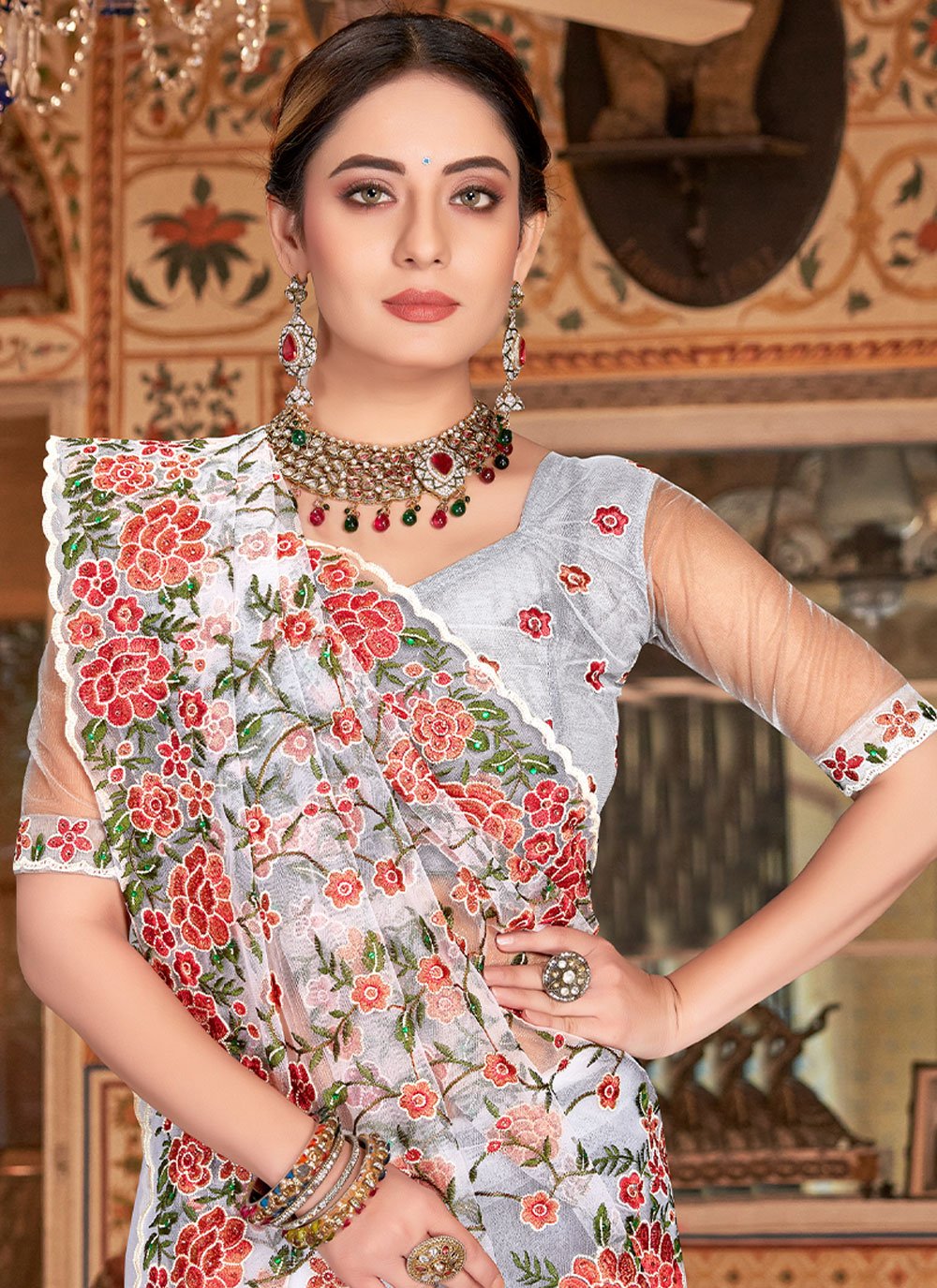 Classic Net White Embroidered Saree